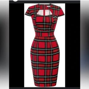 NWT Red plaid Scottish tartan pencil dress size Large by Grace Karin